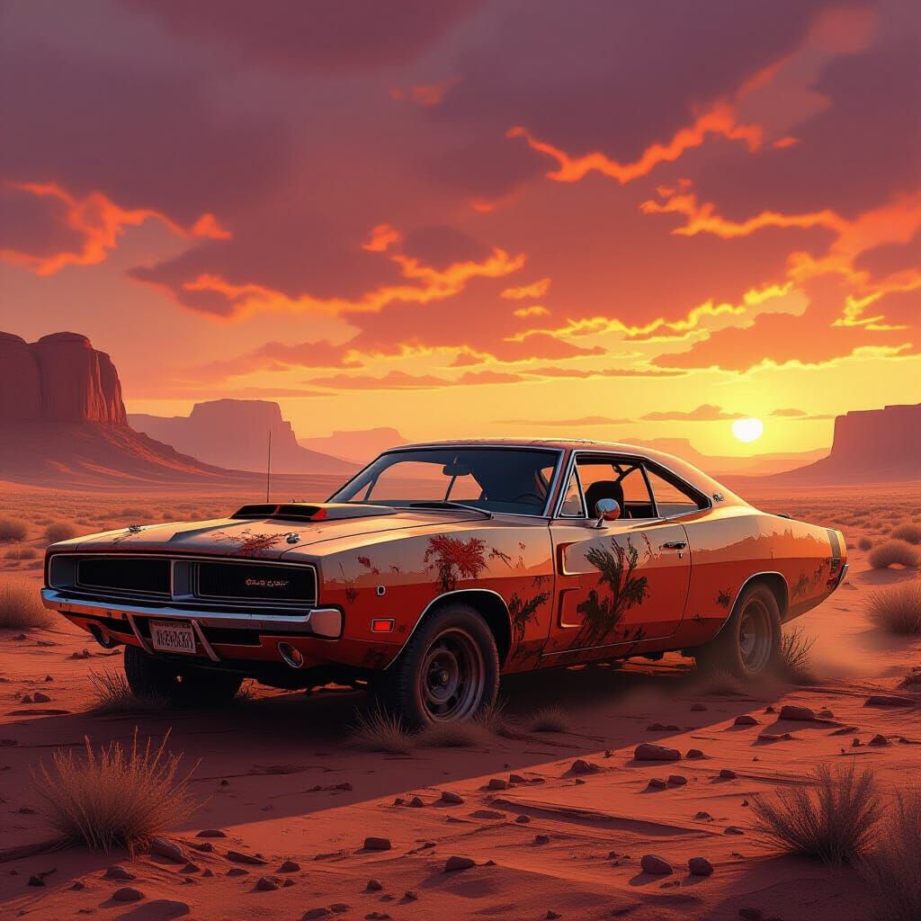 Abandoned 1969 Dodge Charger in Post-Apocalyptic Desert