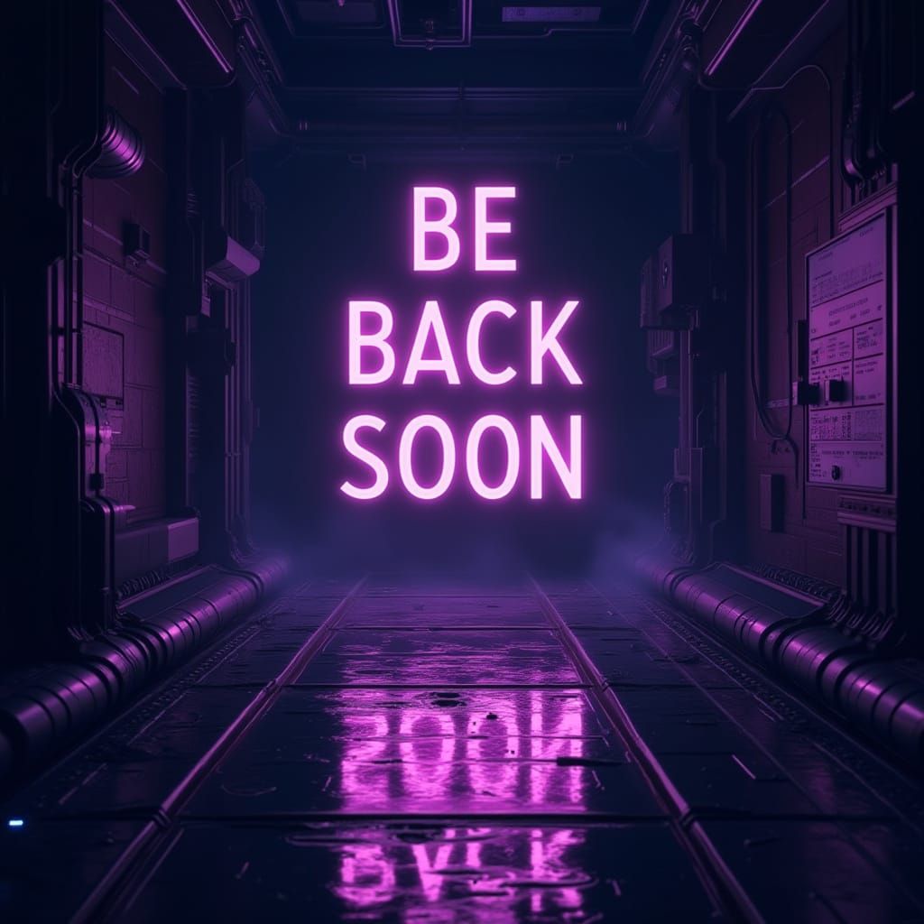 Cyberpunk 'Be Back Soon' Message with Neon Accents