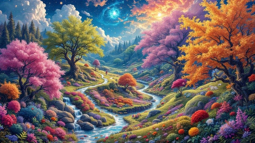 Whimsical Landscape of Four Seasons in Surrealist Style