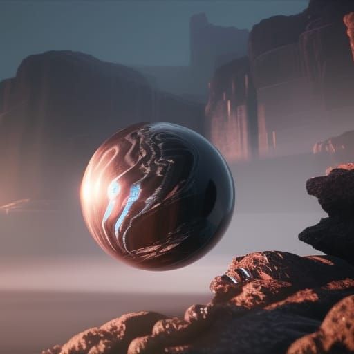 Obsidian Sphere Floats Mysteriously: Art Nouveau Digital Art