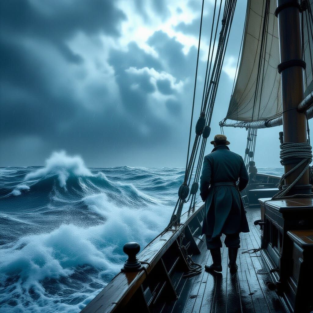 Lone Sailor on Stormy Seas in 19th Century Schooner