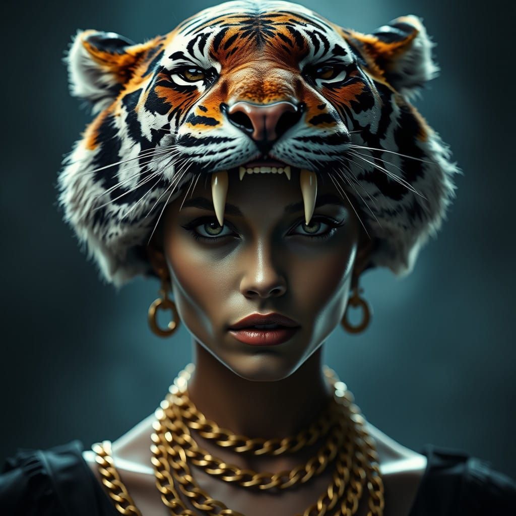 Woman in Tiger Headpiece Adorned with Golden Chains