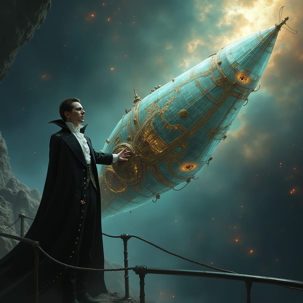 Majestic Steampunk Vampire Starship Floats Through Nebula