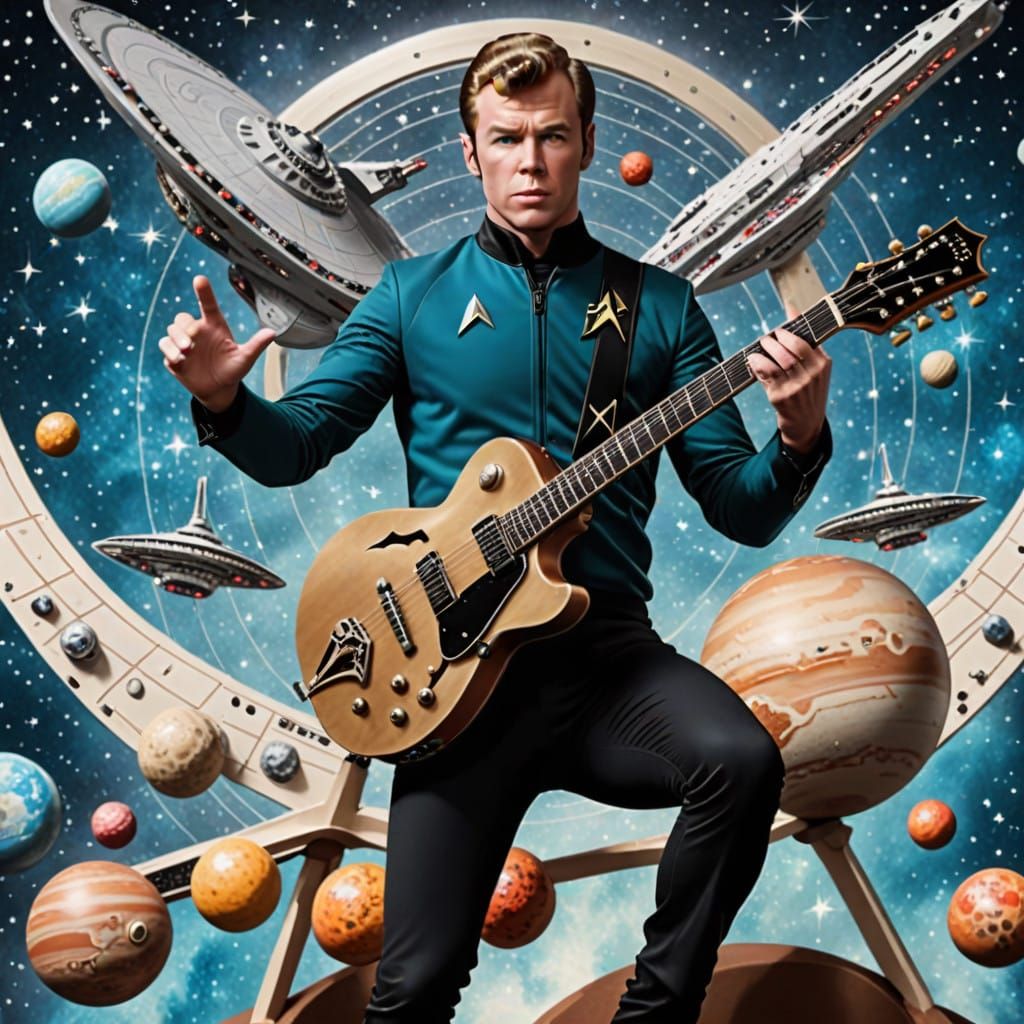 Captain Kirk Plays USS Enterprise Guitar in Cosmic Setting