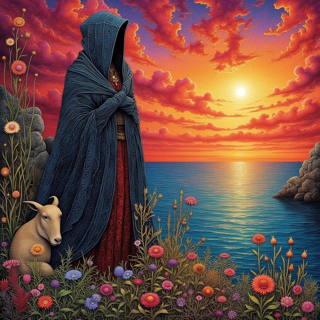 <lora:Concelo:1.0> A cloaked woman surrounded by animals and plants near the sea in ancient style <lora:Archetypal Image...