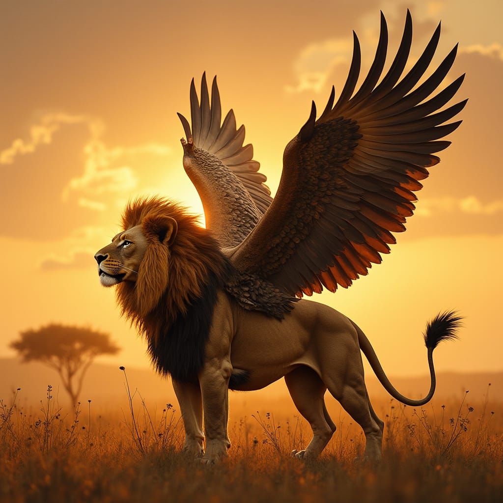 Lion with Eagle Wings, Afrofuturist Savannah Sunset