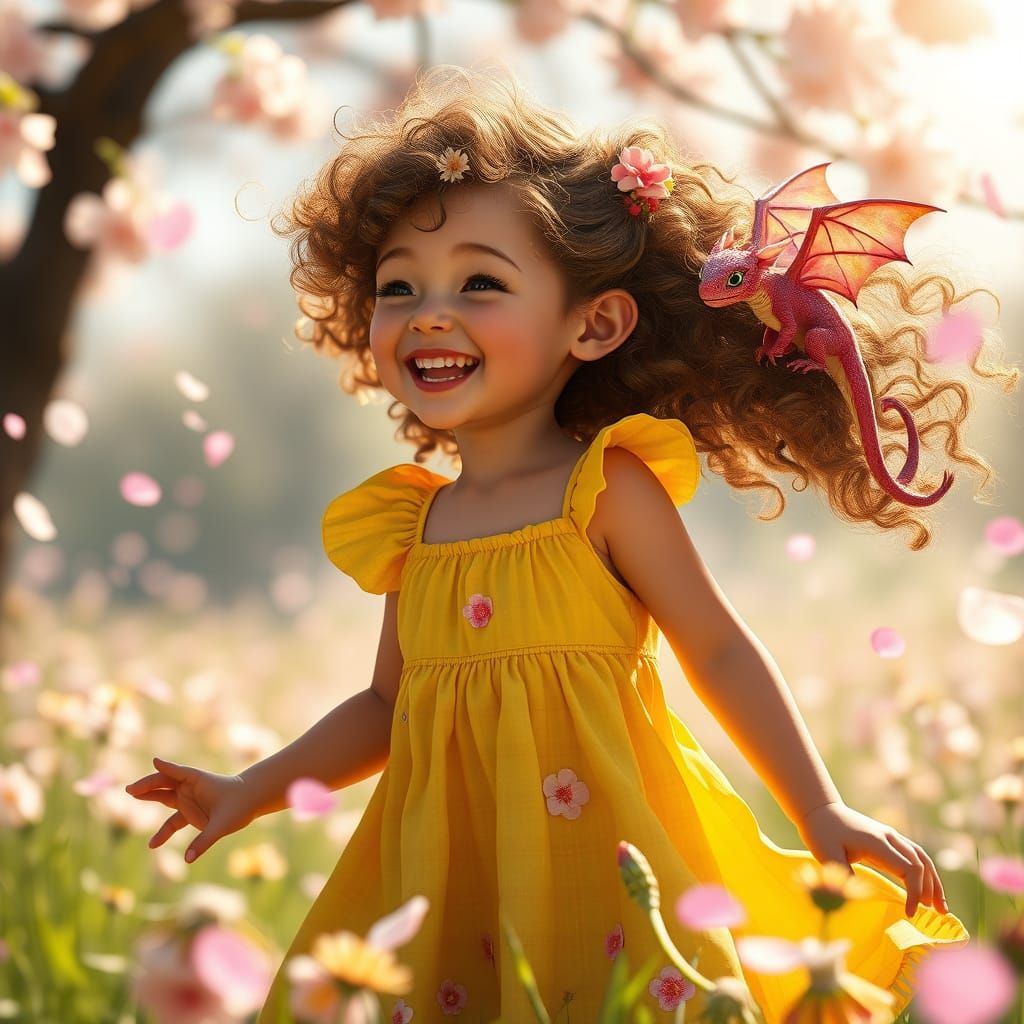 Joyful Girl with Dragon in Sunlit Meadow