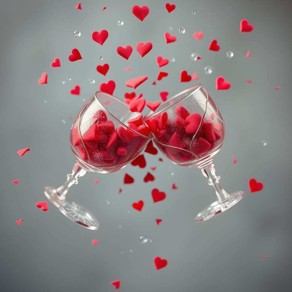 Wine Glasses Bursting with Hearts in Dreamy Style