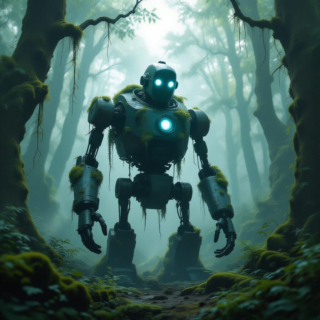 Ancient Automaton in Misty Forest, Hyperrealistic Concept Ar...