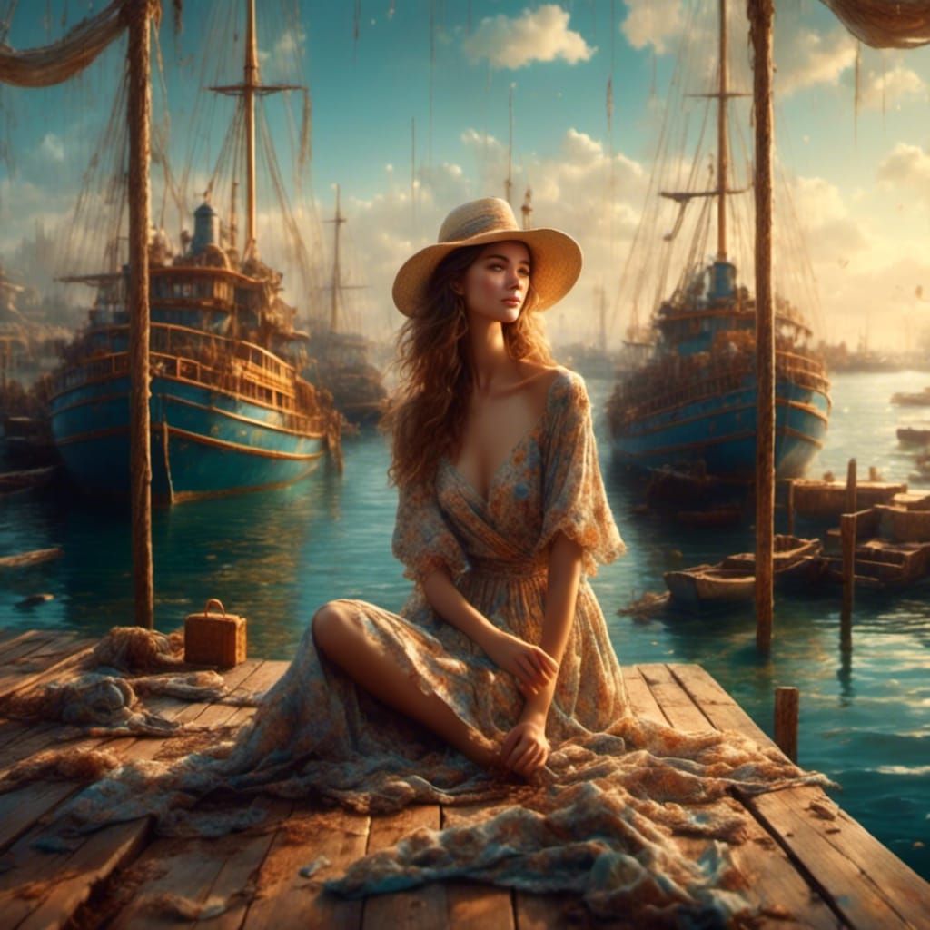 Hyperrealistic Woman at Dock During Sunset