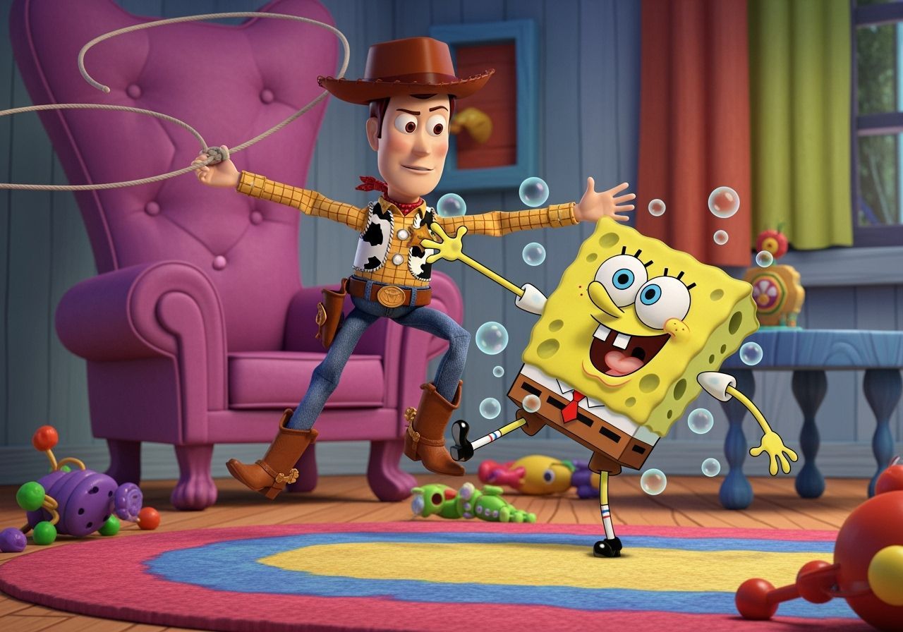 Woody and SpongeBob SquarePants in Cartoon Room