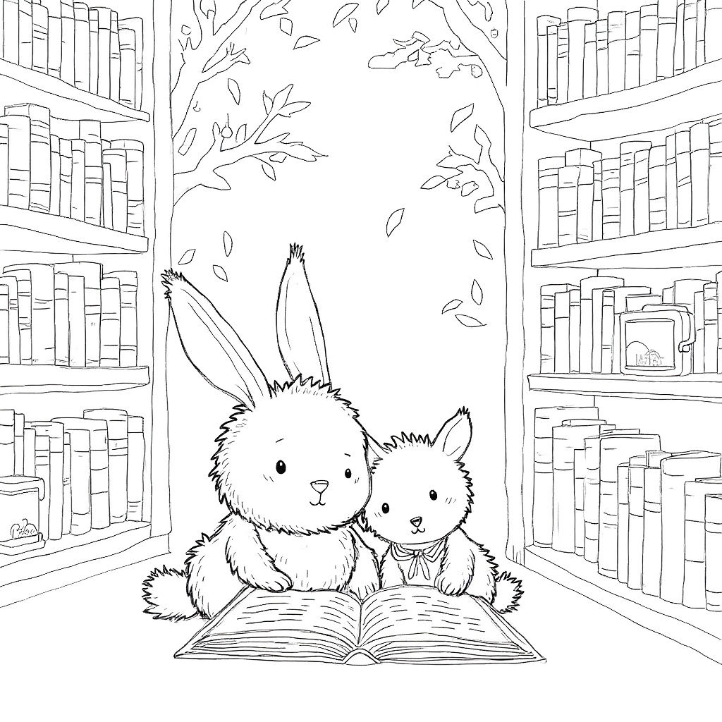 Bunny and Bear Read in Cozy Treehouse Library