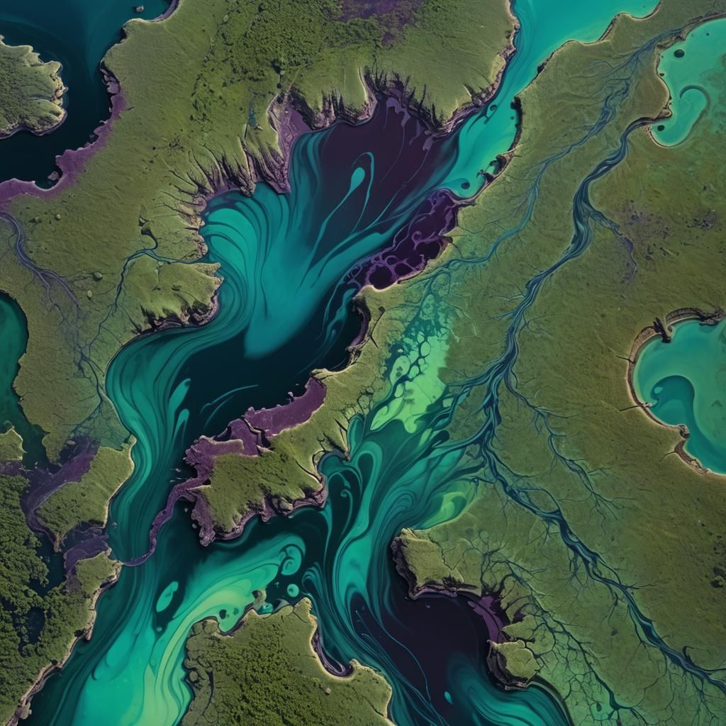 Vibrant Liquid Pouring into Murky Lake: Digital Art