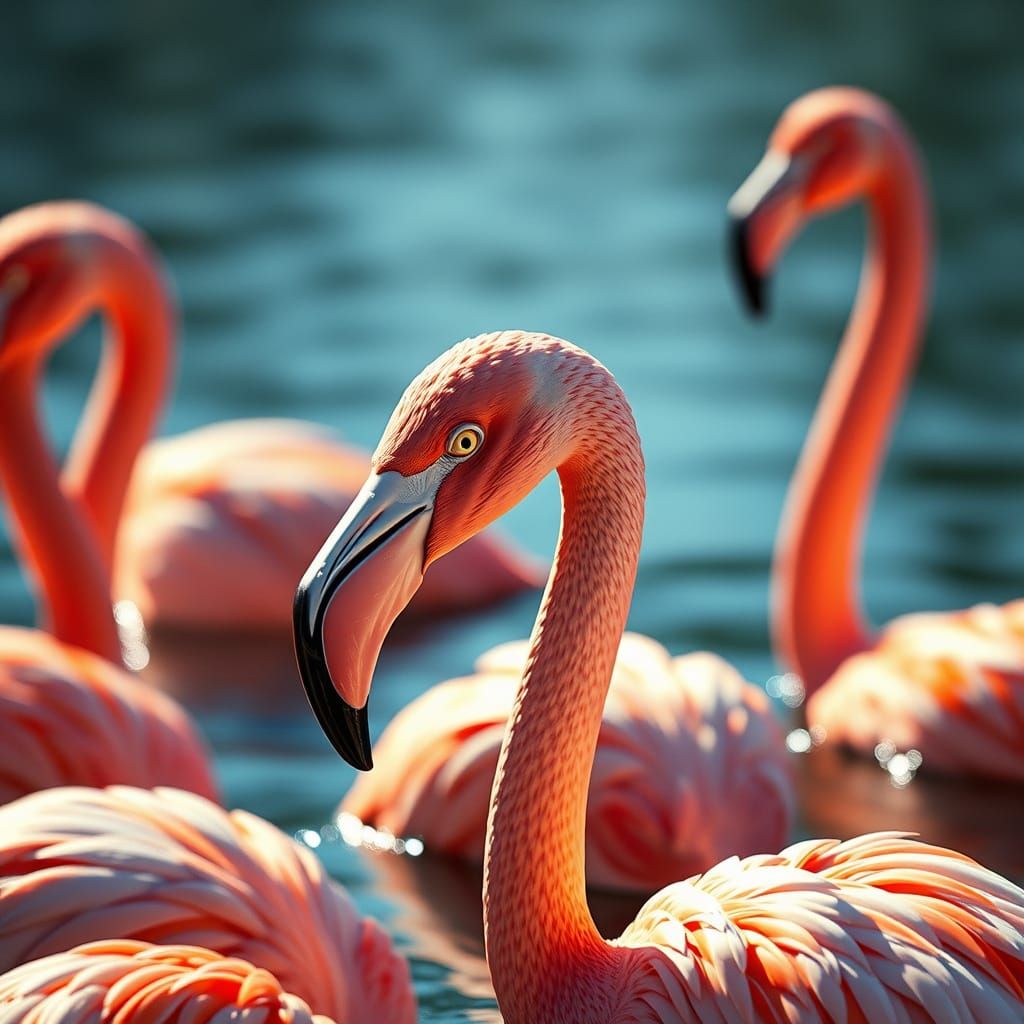 Elegant Flamingos in Hyper-Realistic Portrait