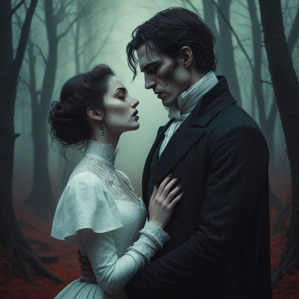 Ethereal Vampire Embrace in Moody Forest Landscape