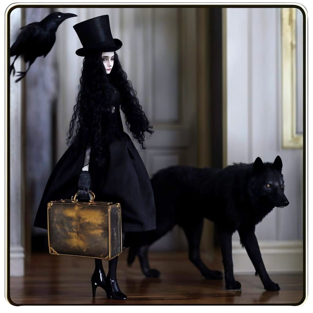 Gothic Porcelain Doll Enters Room with Companions