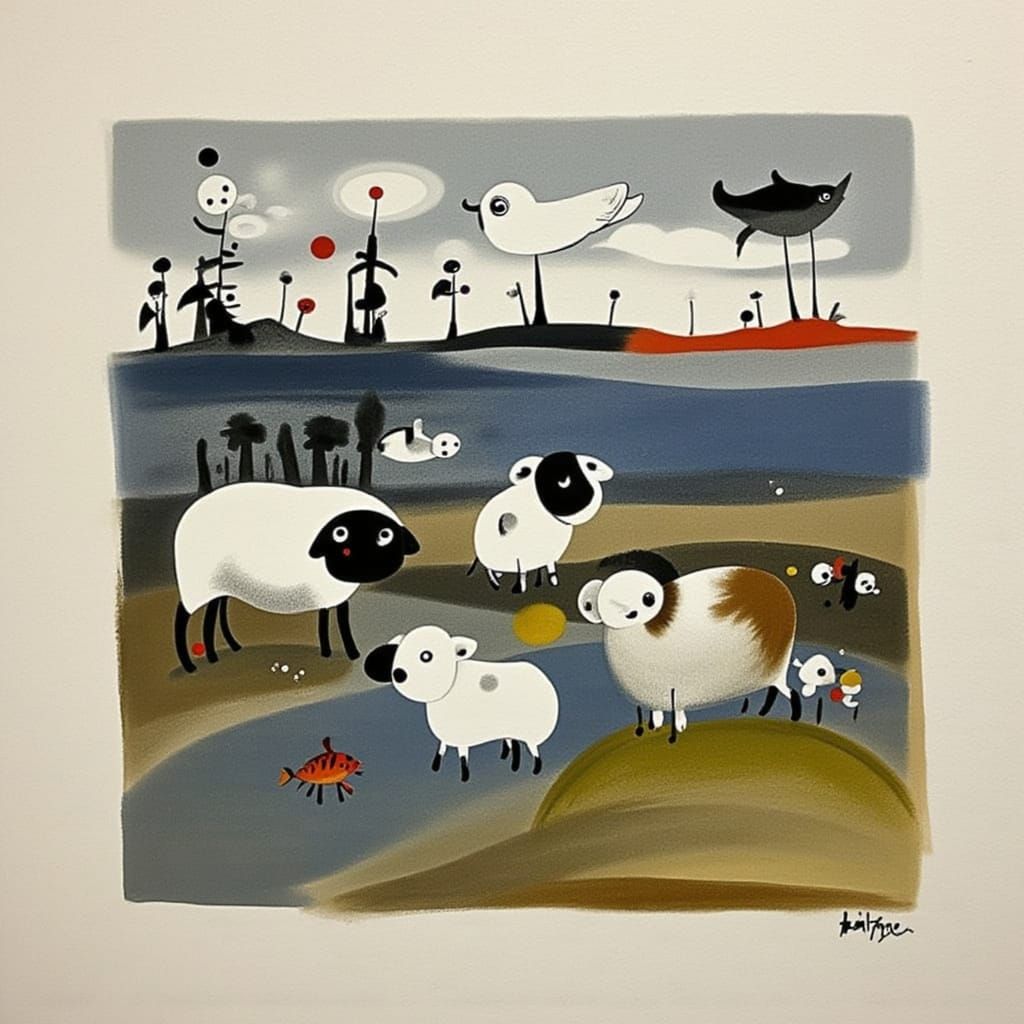 Pastoral Sheep Farm in Watercolor Style