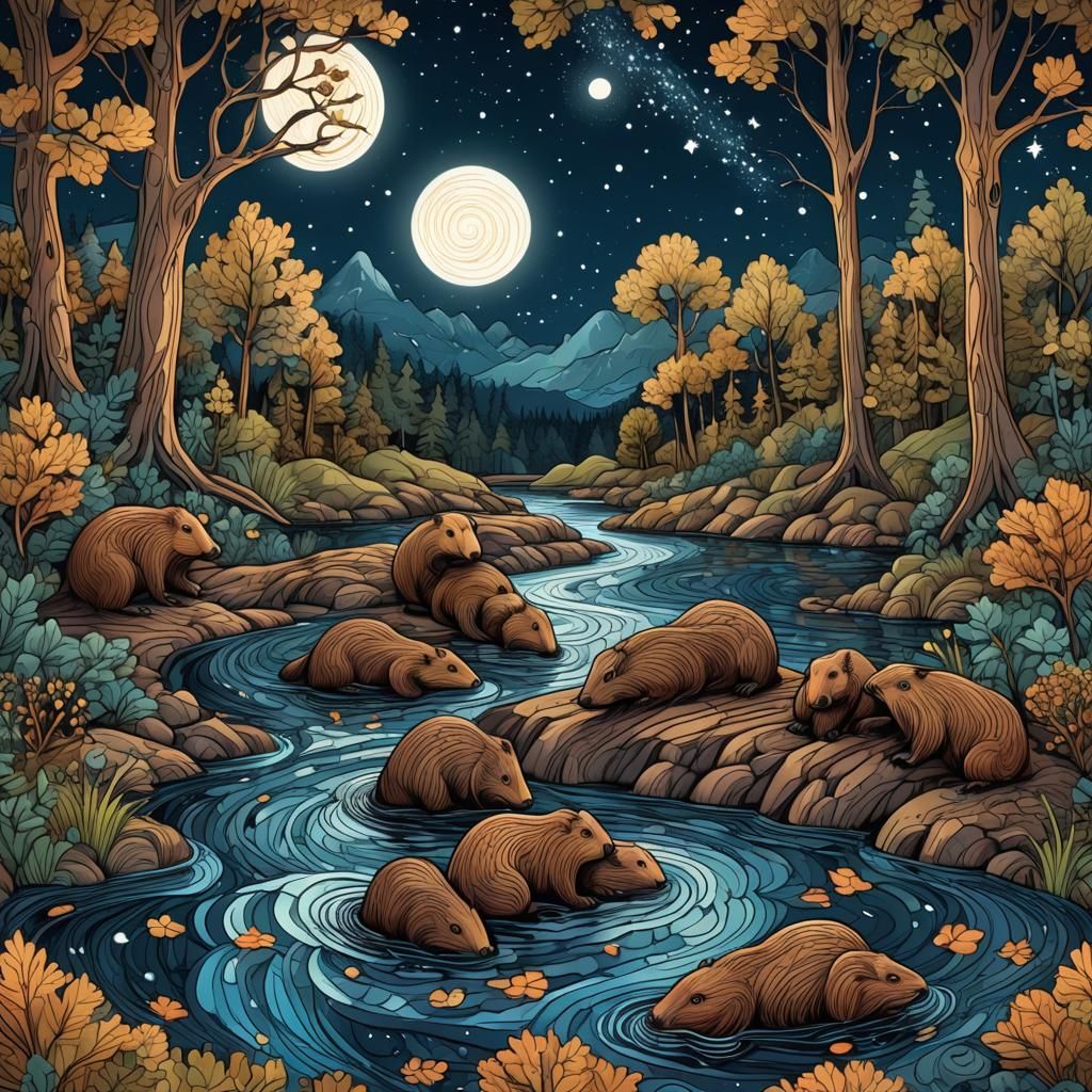 Beavers Building Dam: Abstract Fractal Vector Art