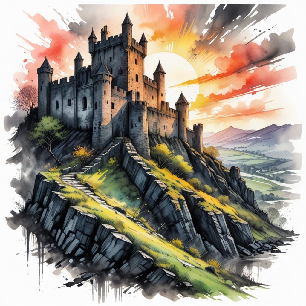 Castle Ruins: Charcoal and Watercolour Sunrise