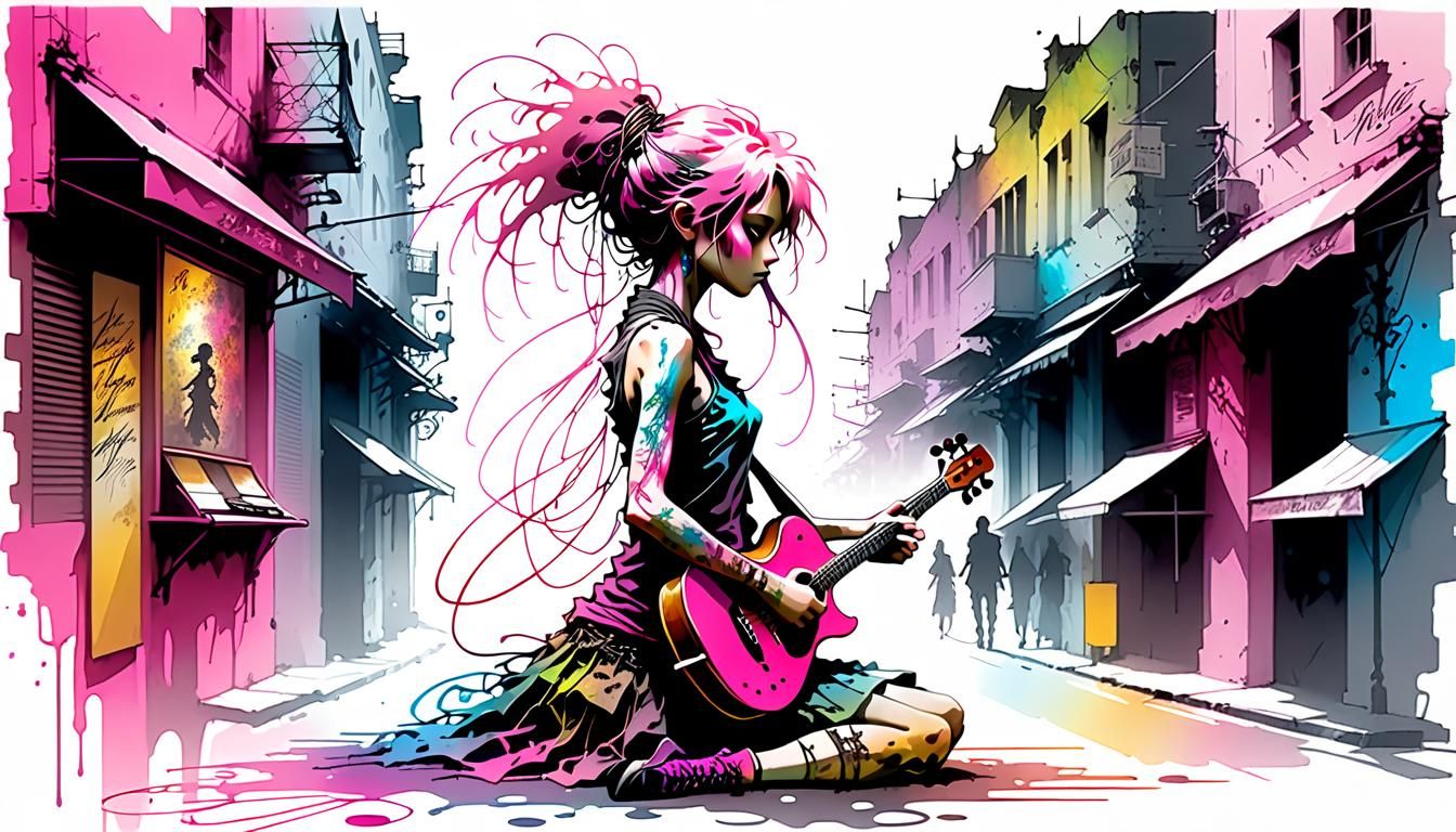 Street Musician in Pink Silhouette, Surreal Art