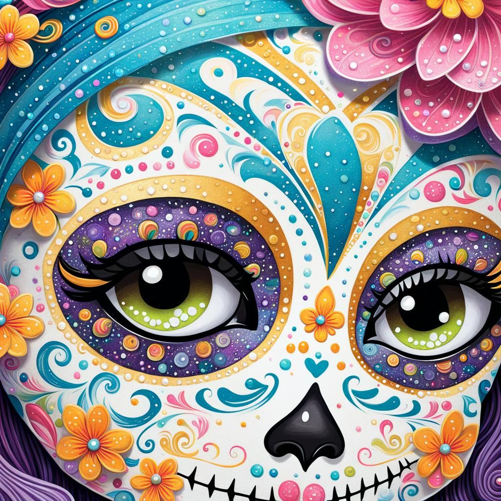 Chibi Glitter Sugar Skull with Pastel Gouache Swirls