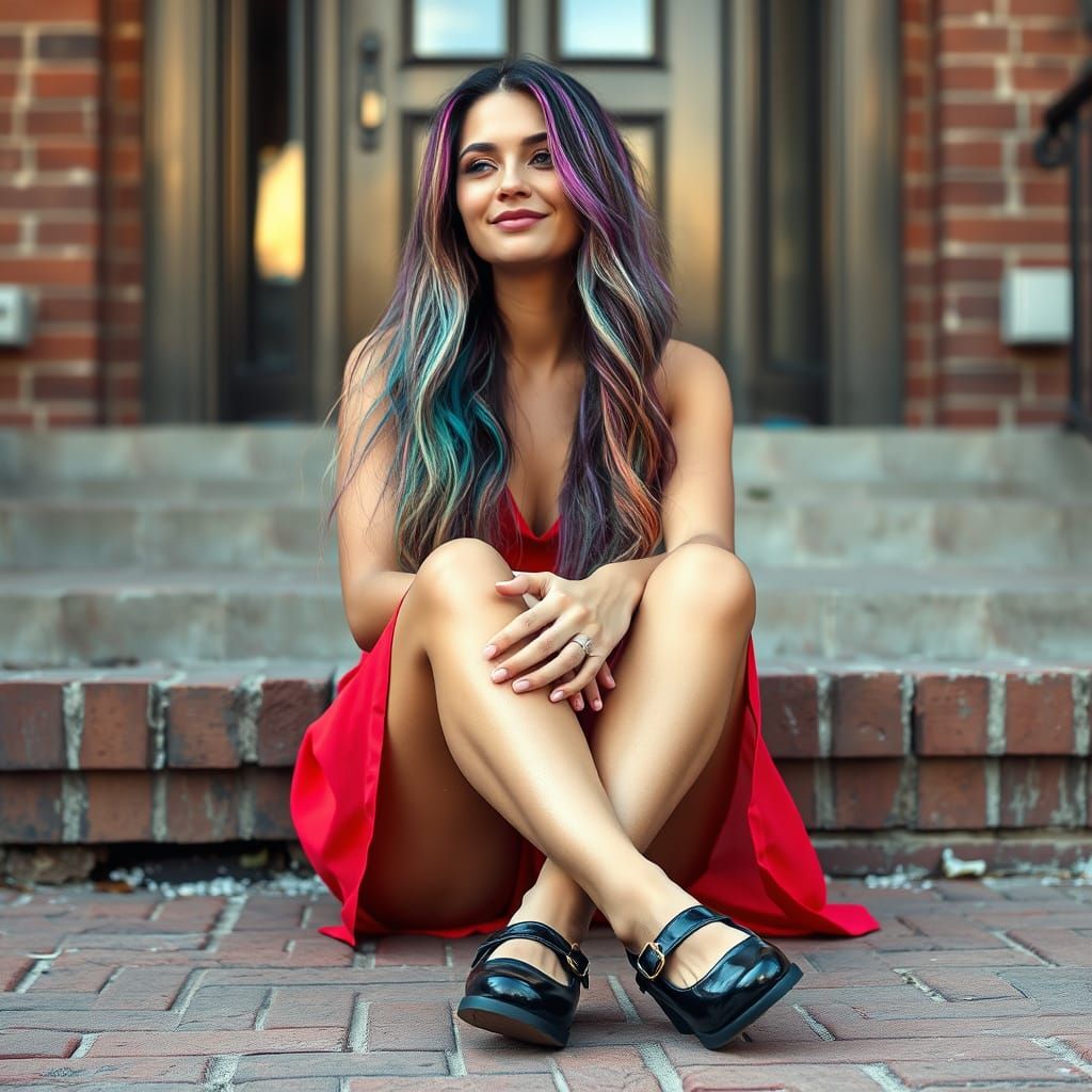 Woman with Rainbow Hair Contemplating on Stoop