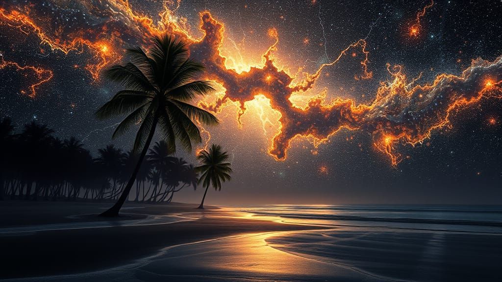 Neon Cosmos Palm on Black Sand Beach