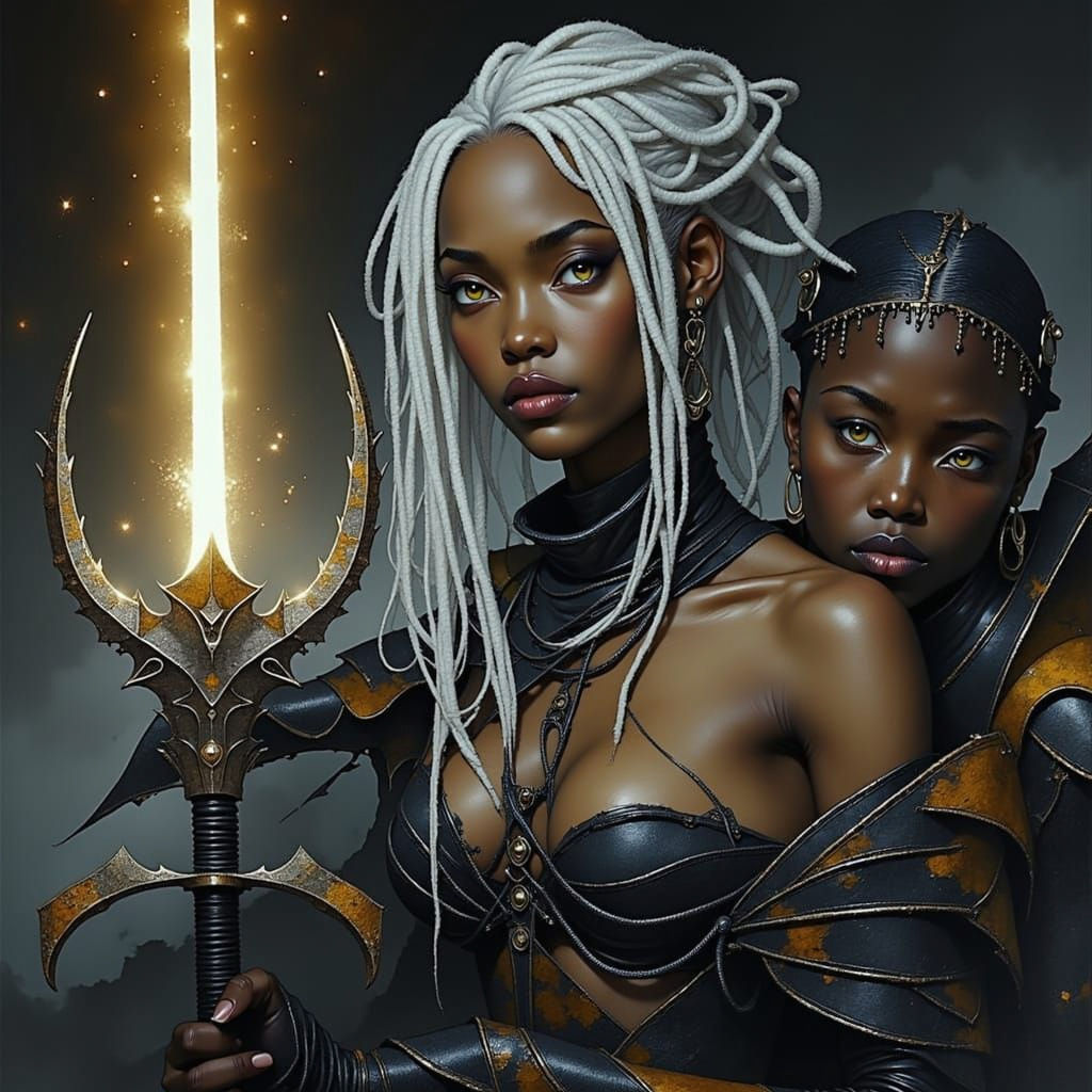 Goth-Punk African Warrior Woman Protects Companion
