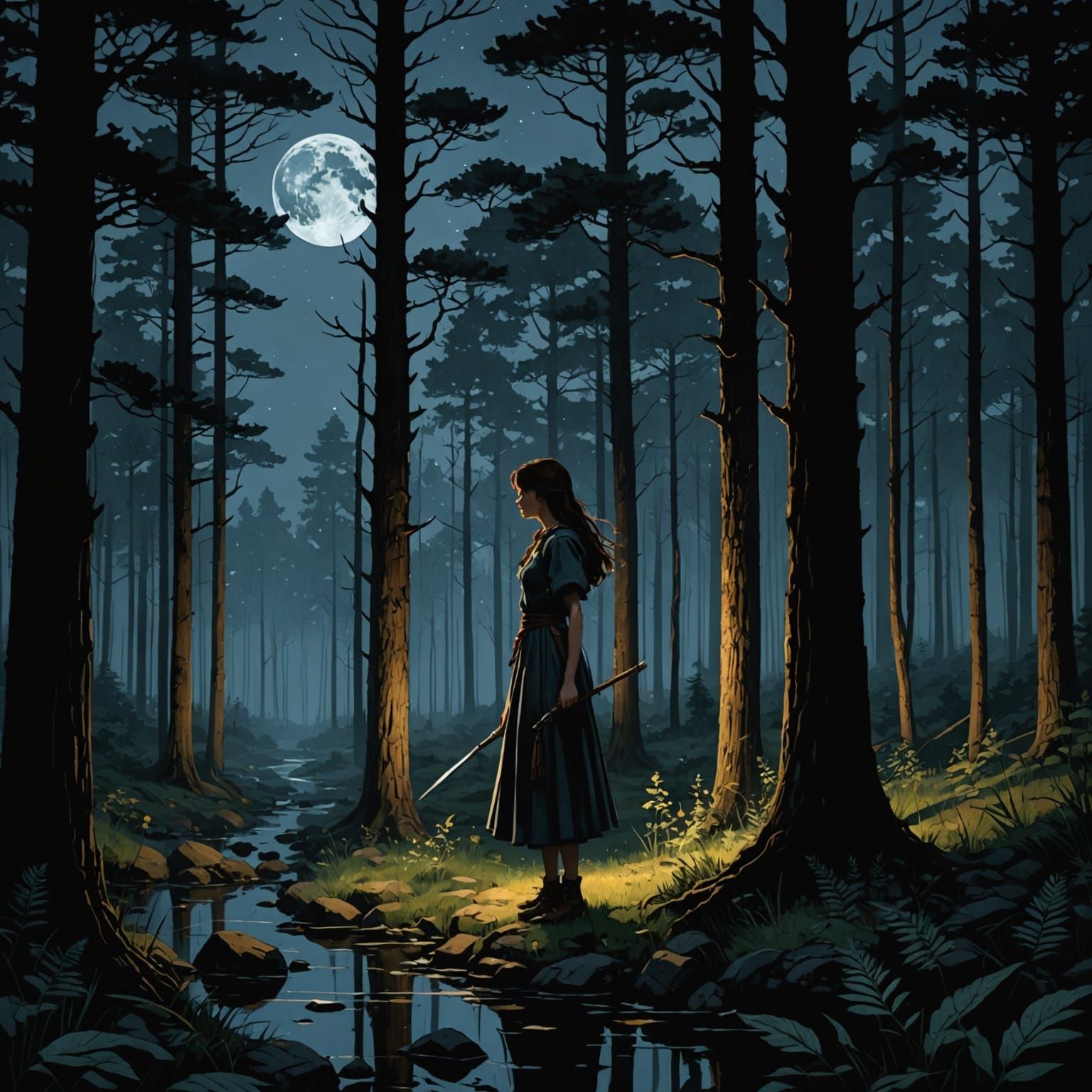 Moonlit Forest Encounter in Chiaroscuro