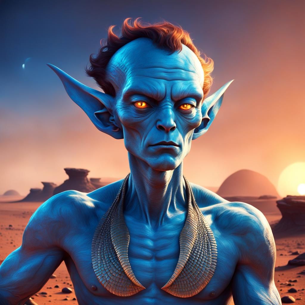 Alien Man Sunbathing on Mars with Blue Sunset