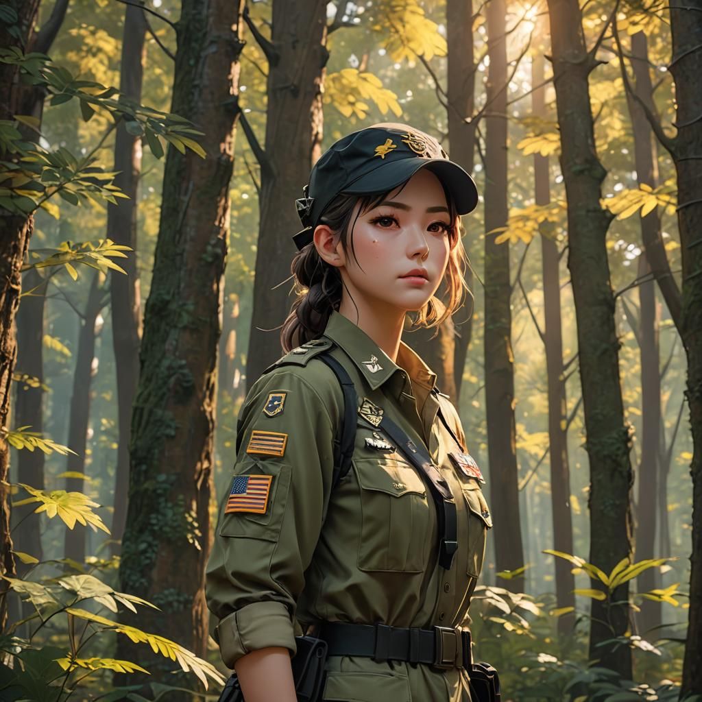 Anime Girl in US Army Uniform, 3D Digital Art