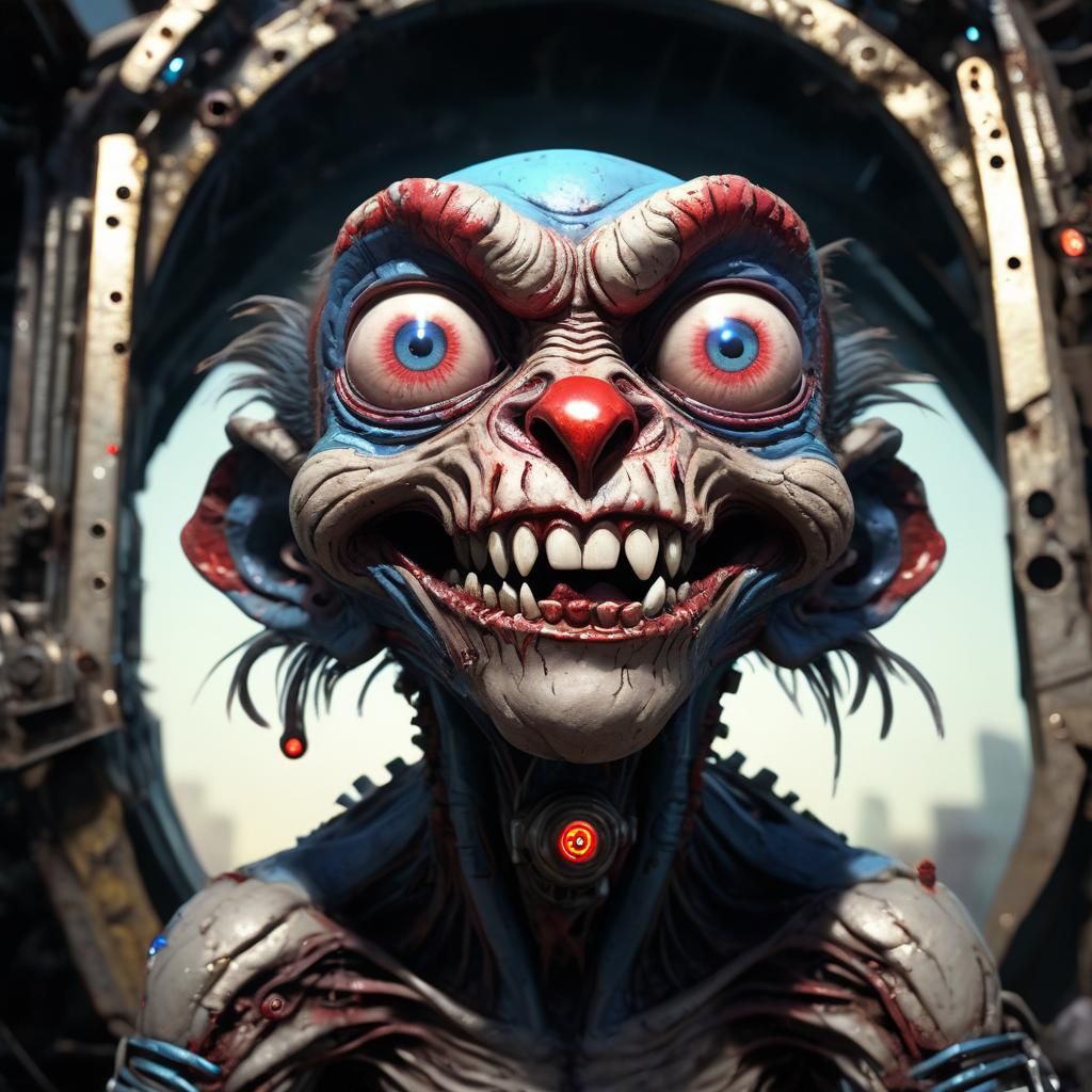 Cyberpunk Zombie Monkey Clown in Metallic Wreckage
