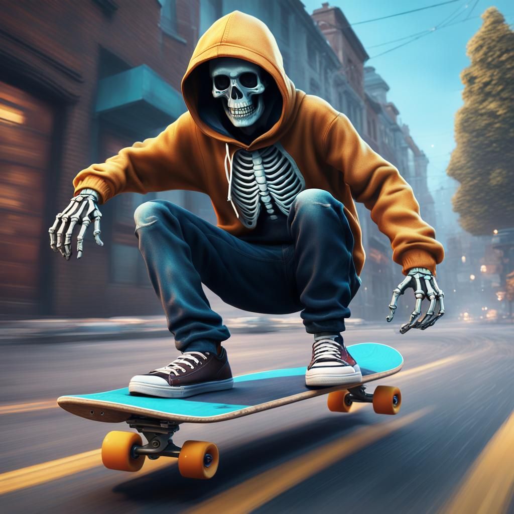 skeleton wearing a hoodie riding a skateboard