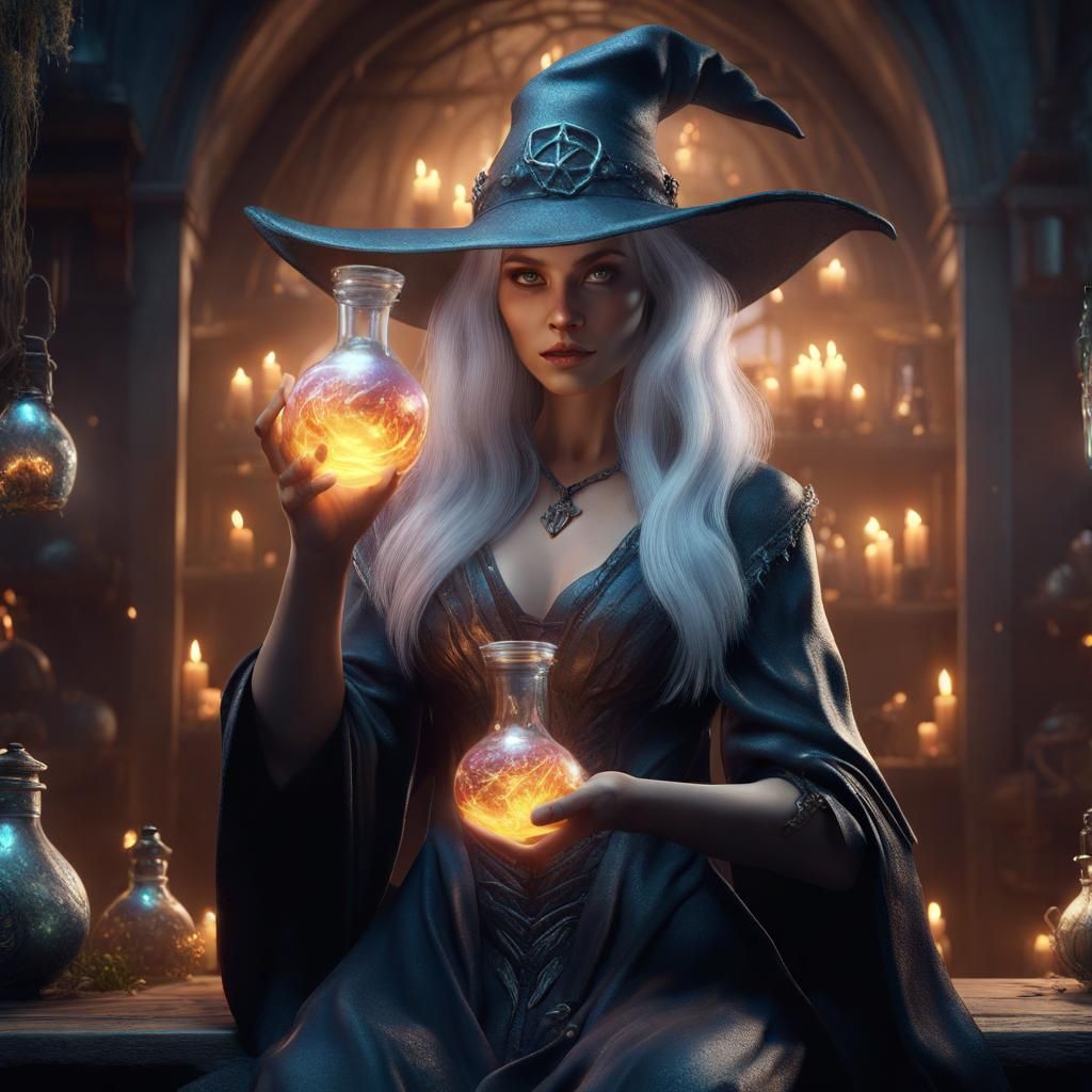 Silver Haired Witch with Glowing Potion