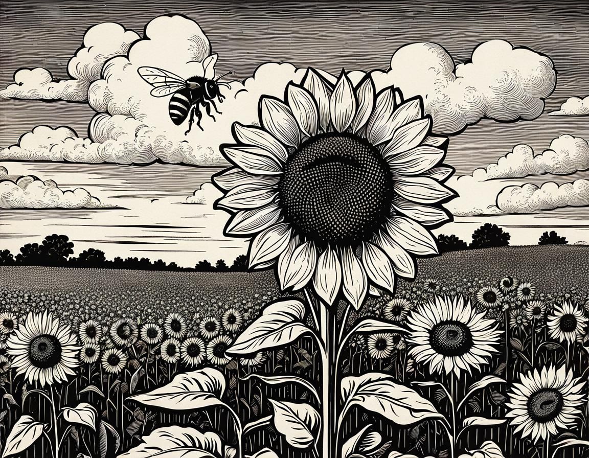 woodcut illustration, bee & sunflowers