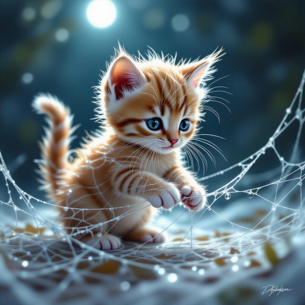 Playful Spiderweb Kitten in Ethereal Moonlight