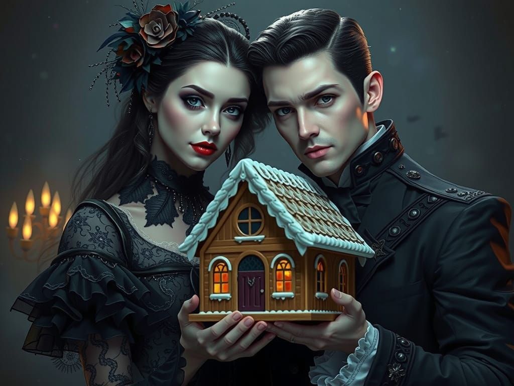 Gothic Vampires Hold Gingerbread House in Dark Fantasy Style