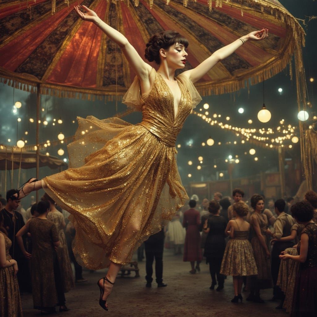 Burlesque Acrobat Suspended in Circus Tent