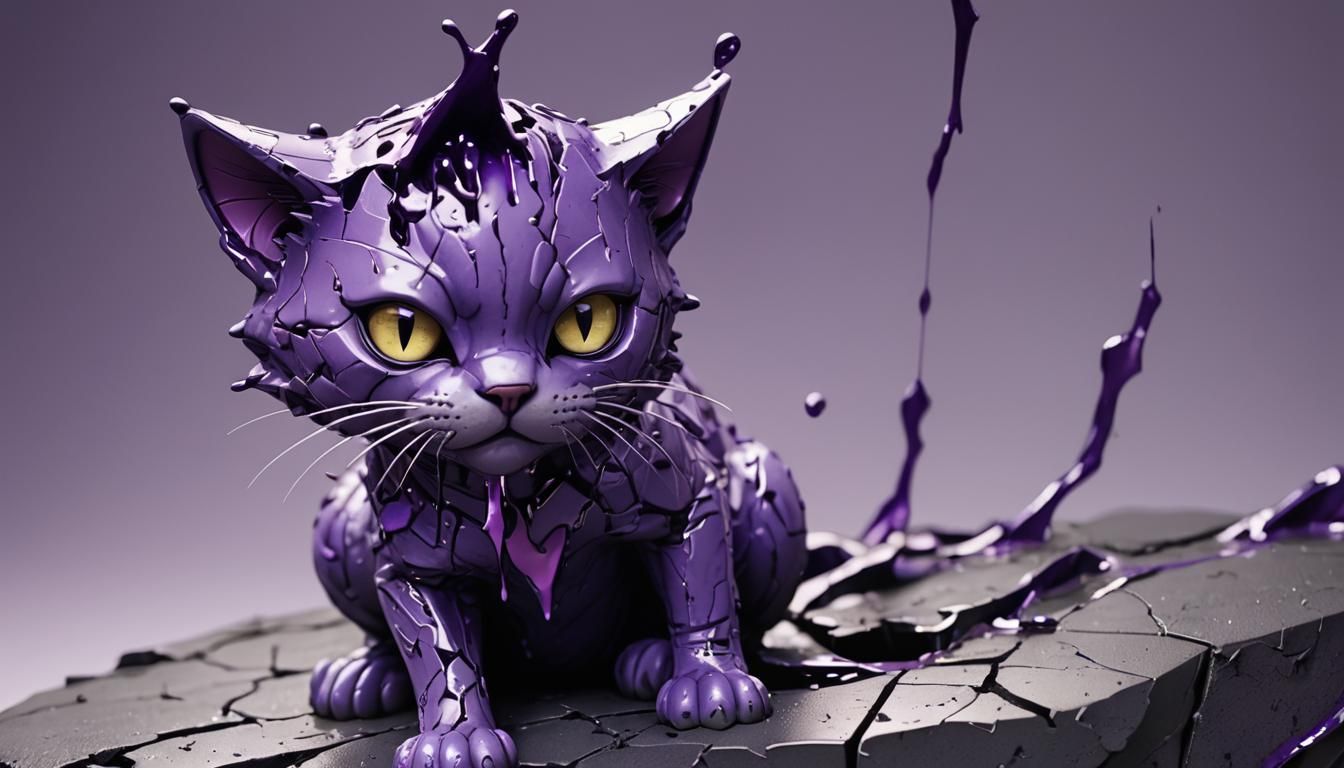 Cracked Cat Statue with Purple Paint, Anime Style