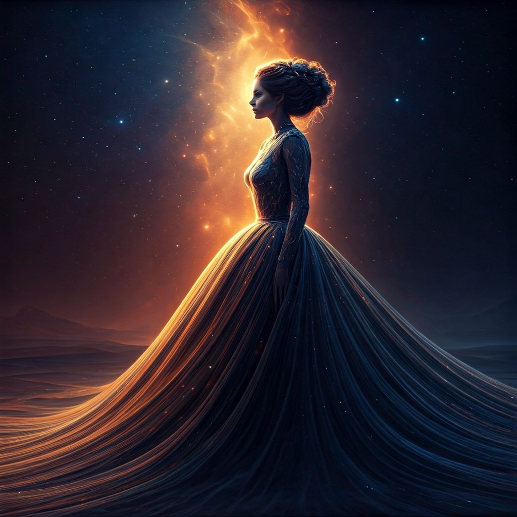 Starlight Gown Woman on Alien Planet in Hyperrealistic Style