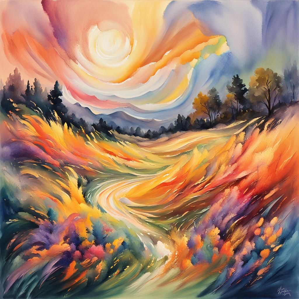 Vibrant Impressionist Gouache Whirlwind in a Landscape