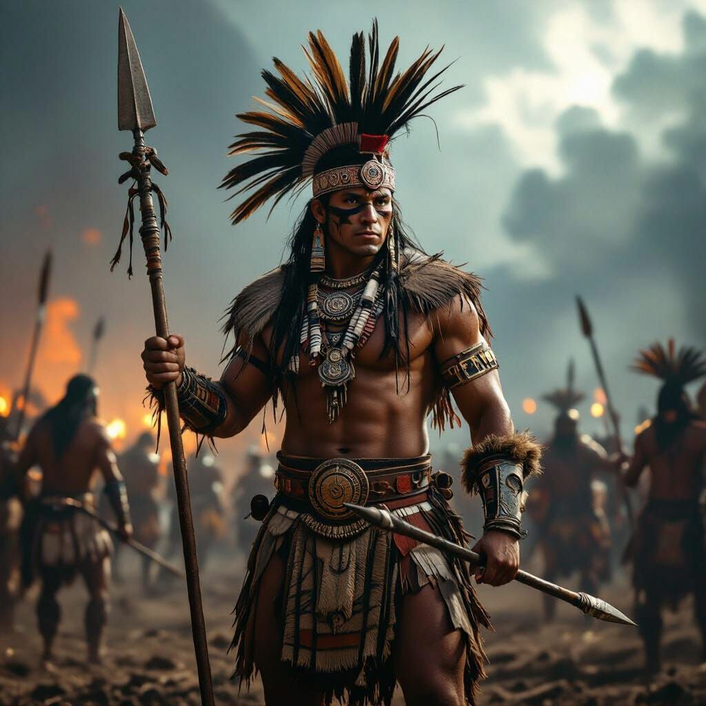 Aztec Warrior on Battlefield, Dramatic Lighting