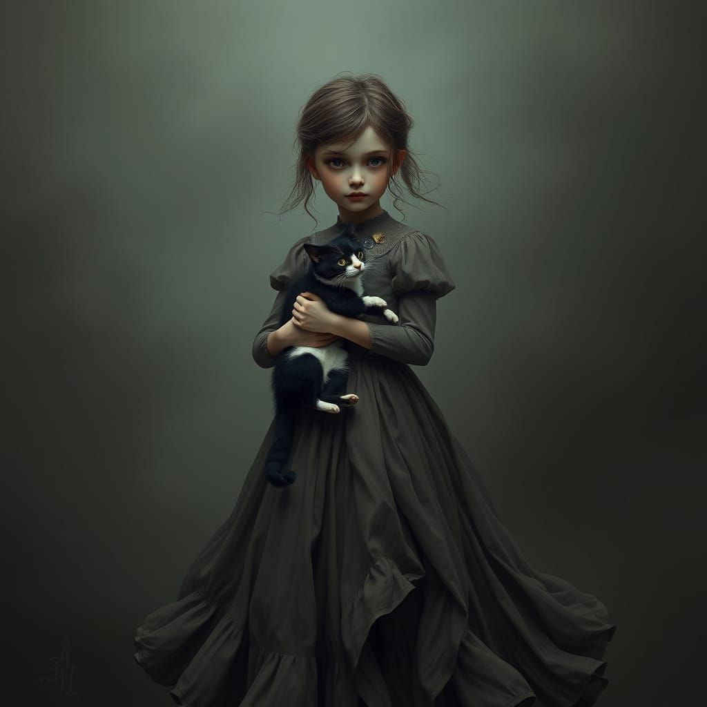 Girl with Cat in Misty Landscape, Digital Art