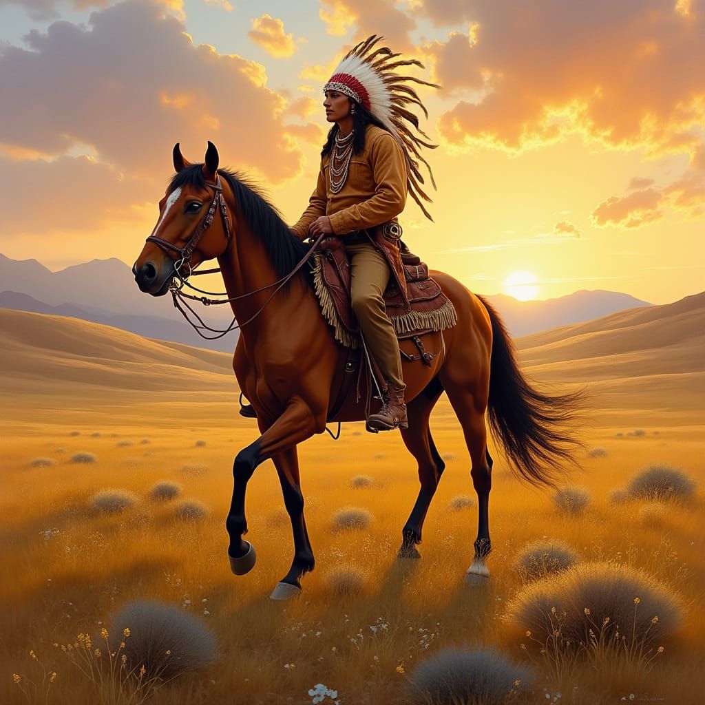 Native American Cowboy Rides Horse in Impressionist Style