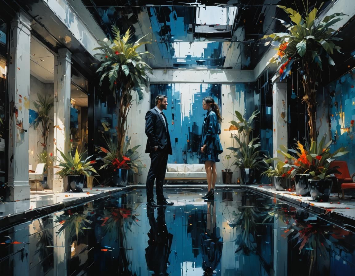 Modern Luxury Hotel Interior with Water Reflections