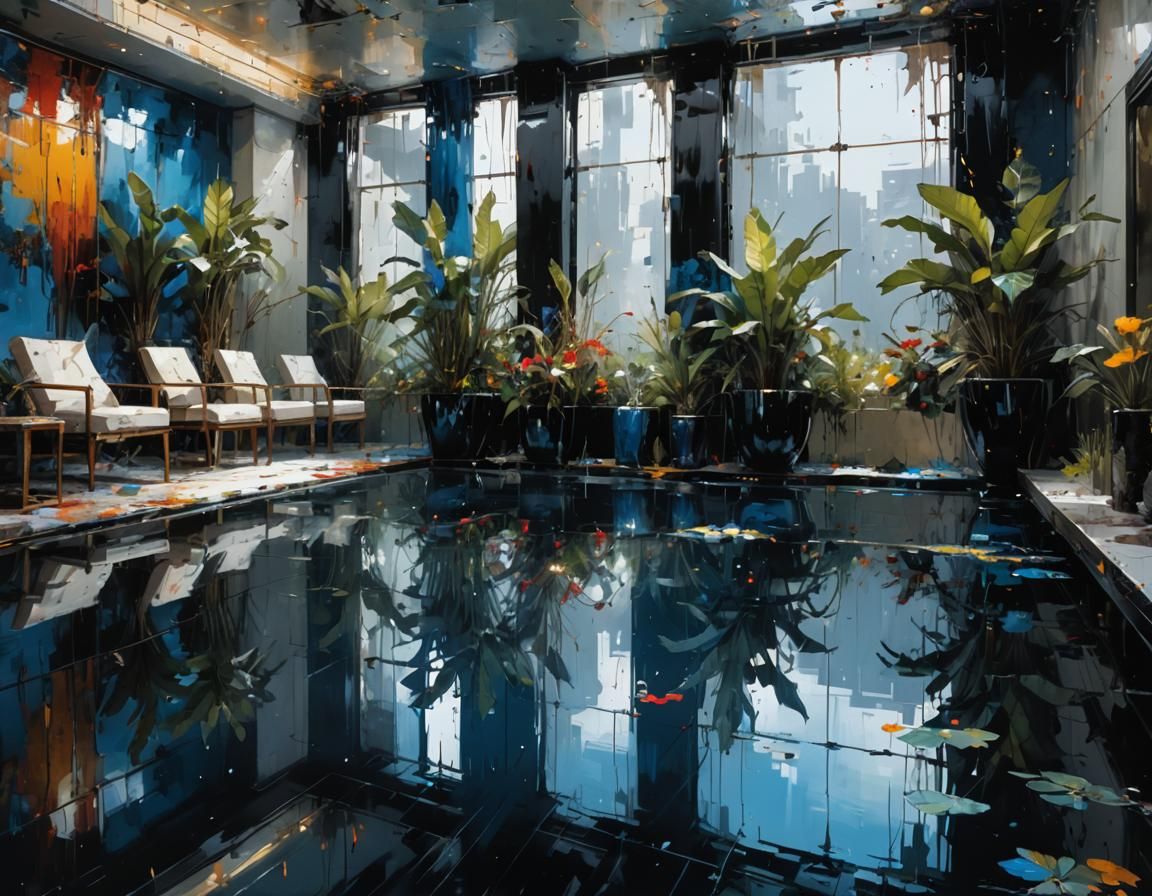 Luxury Hotel Interior with Water Reflections