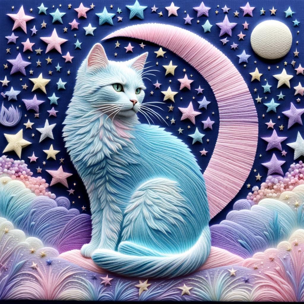 Pastel Embroidered Cat Underneath a Starry Sky