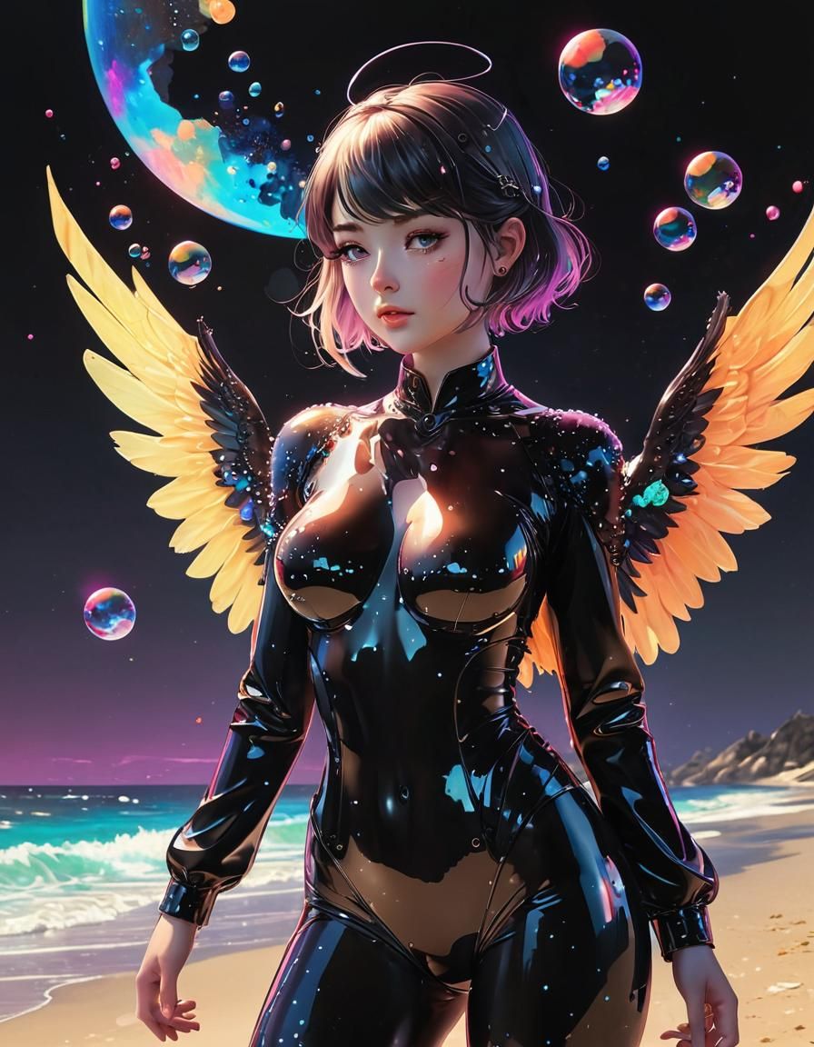 Iridescent Black Bubbles on a Neon Beach