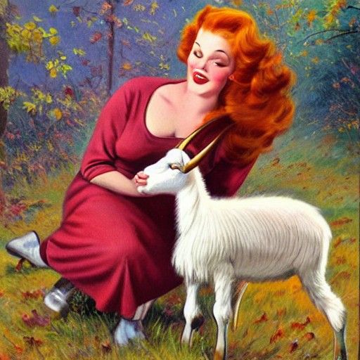 Redhead Witch Kisses Goat: 1950s Illustration