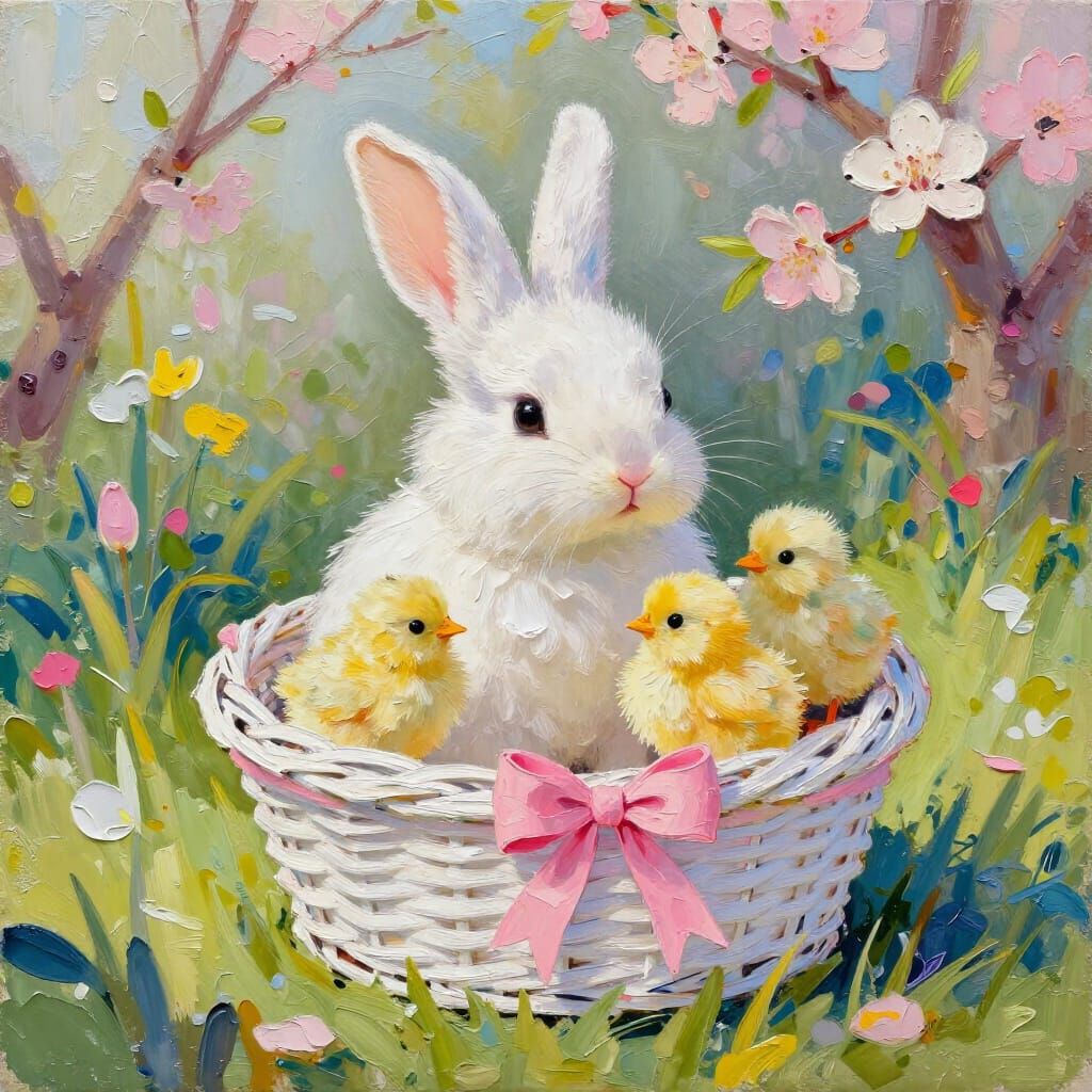 Fluffy Bunny and Chicks in Spring Garden Masterpiece